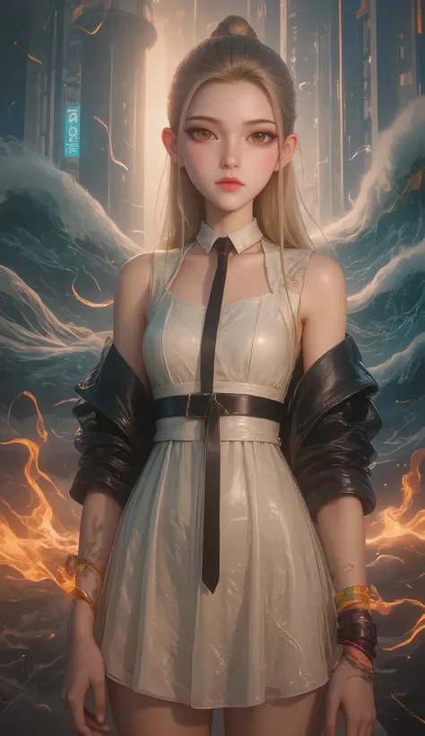 Crane girl, masterpiece, best quality, amazing quality , is very beautiful, high resolution , latest, Super Fine , realism, 1 Girl, \(roaring waves\), pink hair, Two-tone hair, Flame arm , Red arm , white dress, Black Jacket , Detailed Eyes, round...