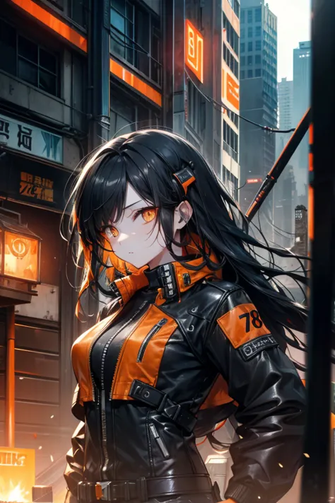 ruined cyberpunk city、long black hair orange inner color、mechanized left arm、Wearing a leather jacket、orange eyes、１８Old woman、7 heads、Height: 174cm、The cable is coming out of the body、