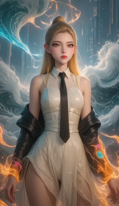 Crane girl, masterpiece, best quality, amazing quality , is very beautiful, high resolution , latest, Super Fine , realism, 1 Girl, \(roaring waves\), pink hair, Two-tone hair, Flame arm , Red arm , white dress, Black Jacket , Detailed Eyes, round...