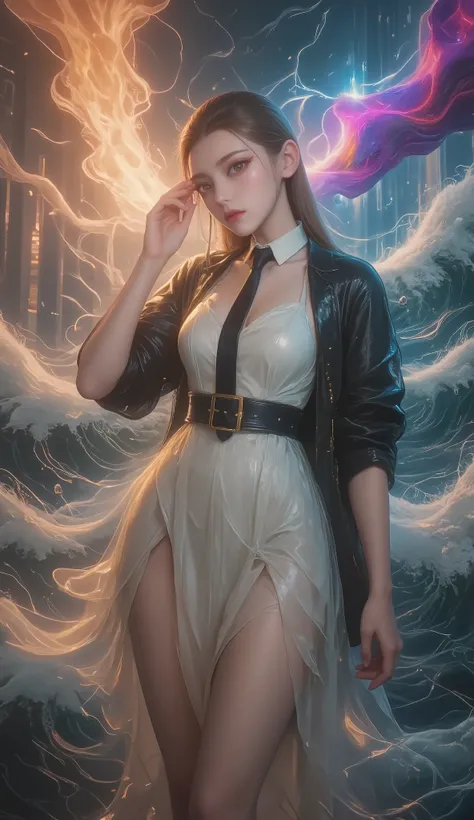 Crane girl, masterpiece, best quality, amazing quality , is very beautiful, high resolution , latest, Super Fine , realism, 1 Girl, \(roaring waves\), Flame arm , Red arm , white dress, Black Jacket , Detailed Eyes, round yellow eyes , colorful...