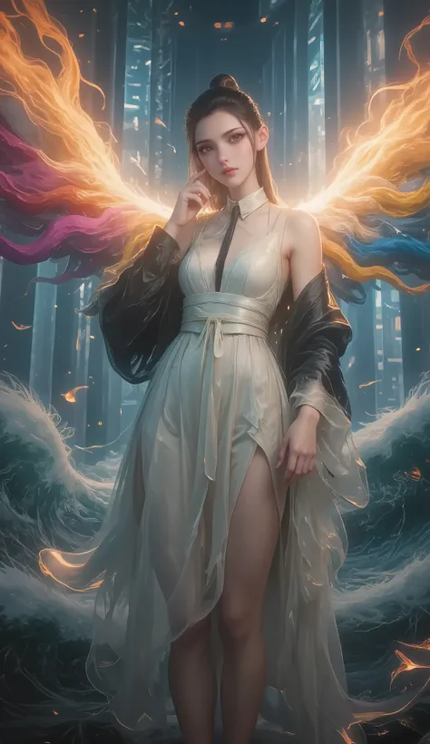 Crane girl, masterpiece, best quality, amazing quality , is very beautiful, high resolution , latest, Super Fine , realism, 1 Girl, \(roaring waves\), Flame arm , Red arm , white dress, Black Jacket , Detailed Eyes, round yellow eyes , colorful...