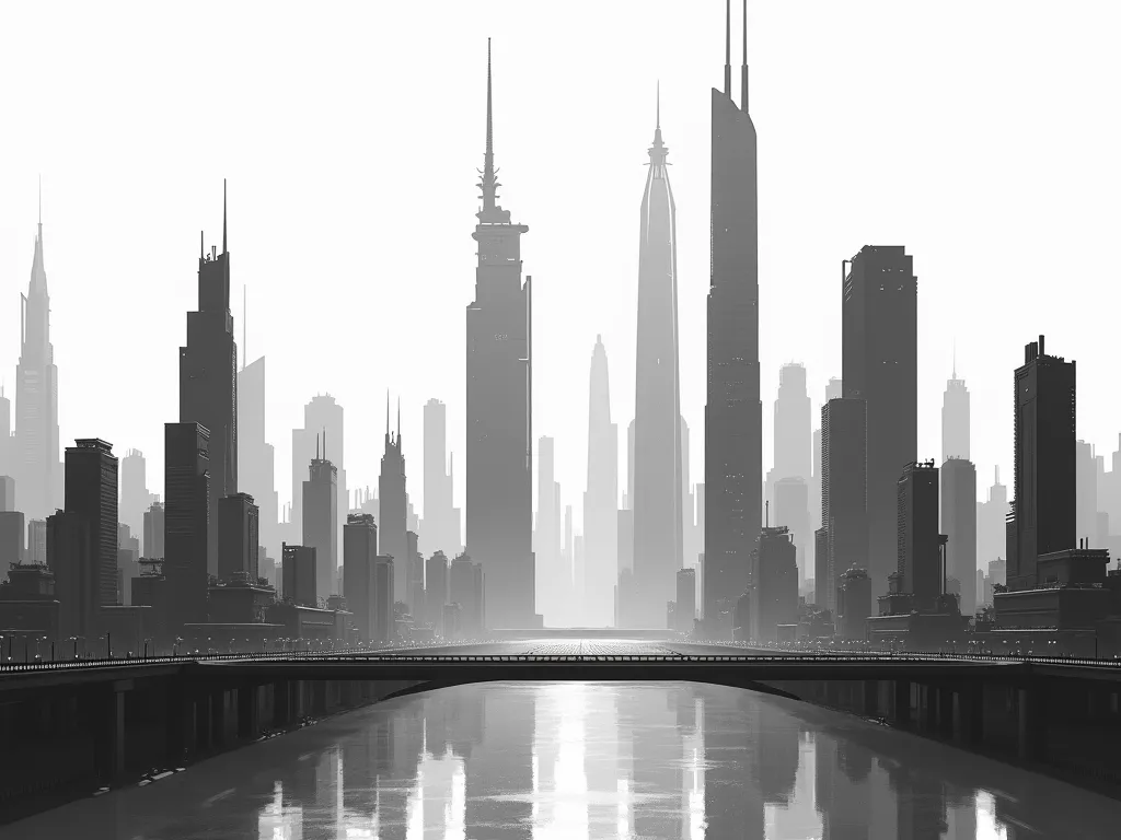 Futuristic skyline city,  black white , concept art stil