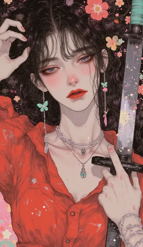 a woman with tattoos who holds a sword and wears a red blouse, she has her head tilted down looking at the spectator,  red and fleshy lips ,  Long False Eyelashes  , makeup has butterfly earrings in cyan color, silver necklaces with sparkles, has shiny sil...