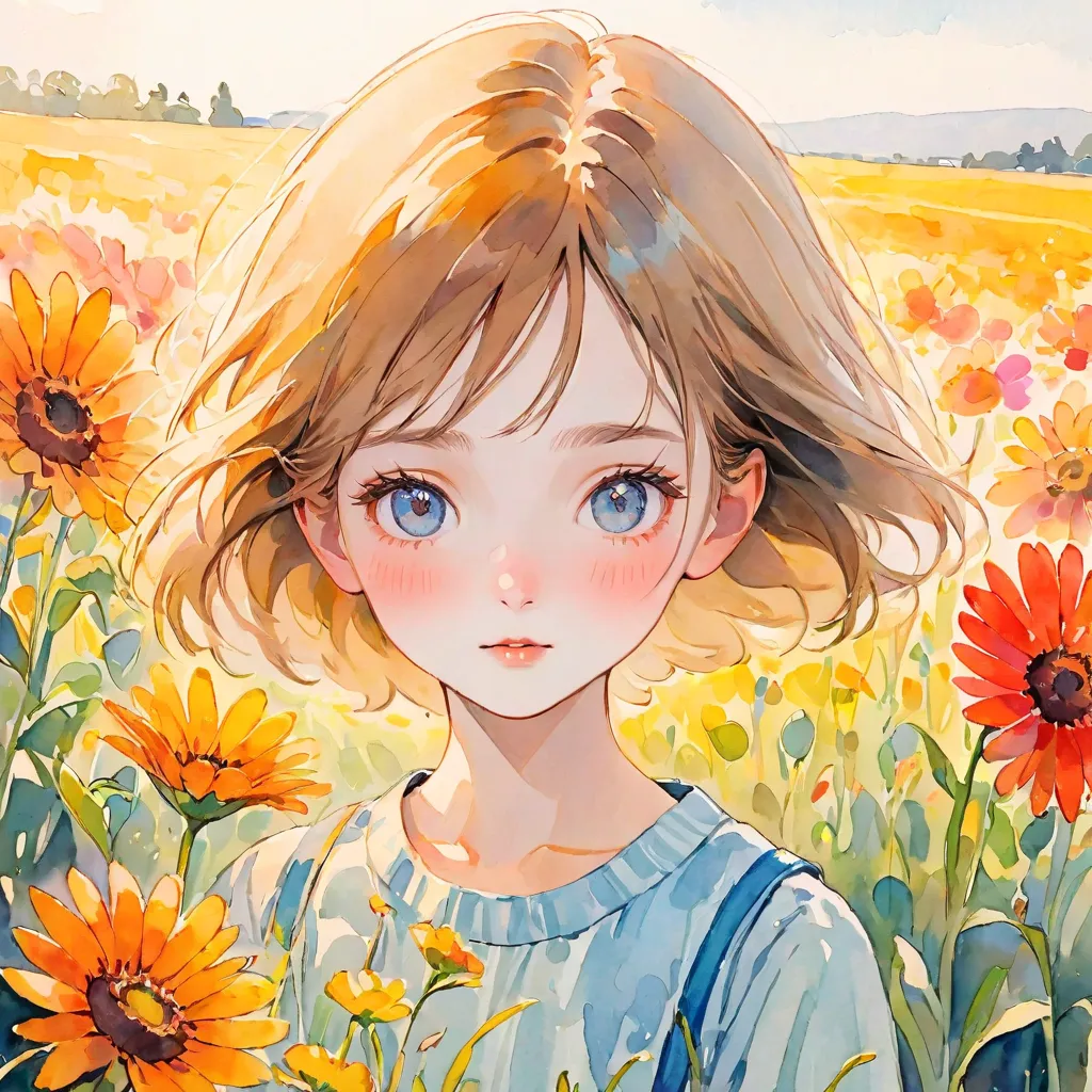  ( masterpiece, 8k, TOP QUALITY ), watercolor、 bright、 beautiful color、perfect anatomy、A girl who opens her eyes wide、cute、Dynamic Angle, natural light,((Flower Field))