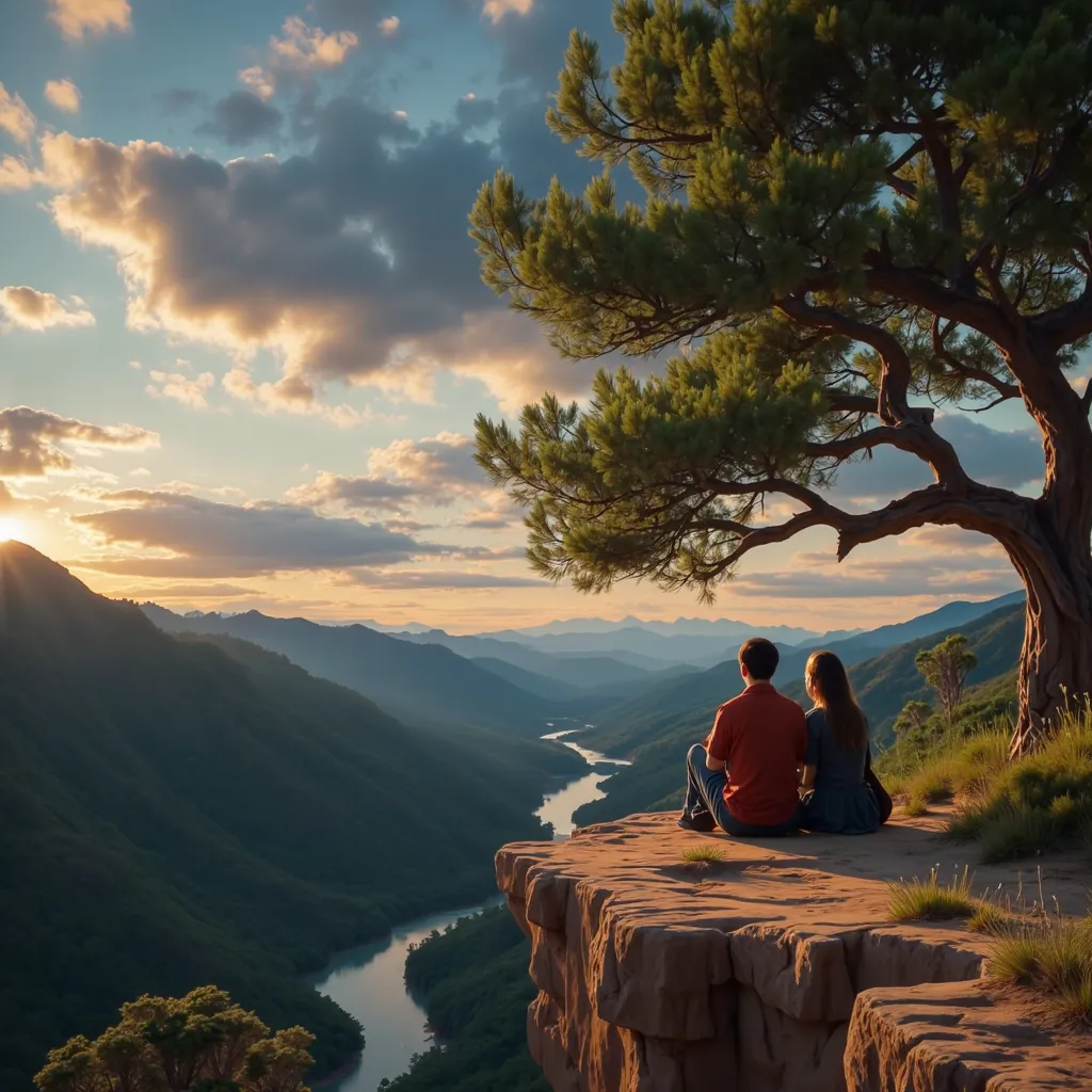  Couple sitting on the edge of a cliff, trees behind her,  backside view,  admiring the sunrise ,  sky with clouds , mountains and trees in the valley below the cliff, a river flowing at the bottom of the valley, realistic image,  wealth of details, Realis...