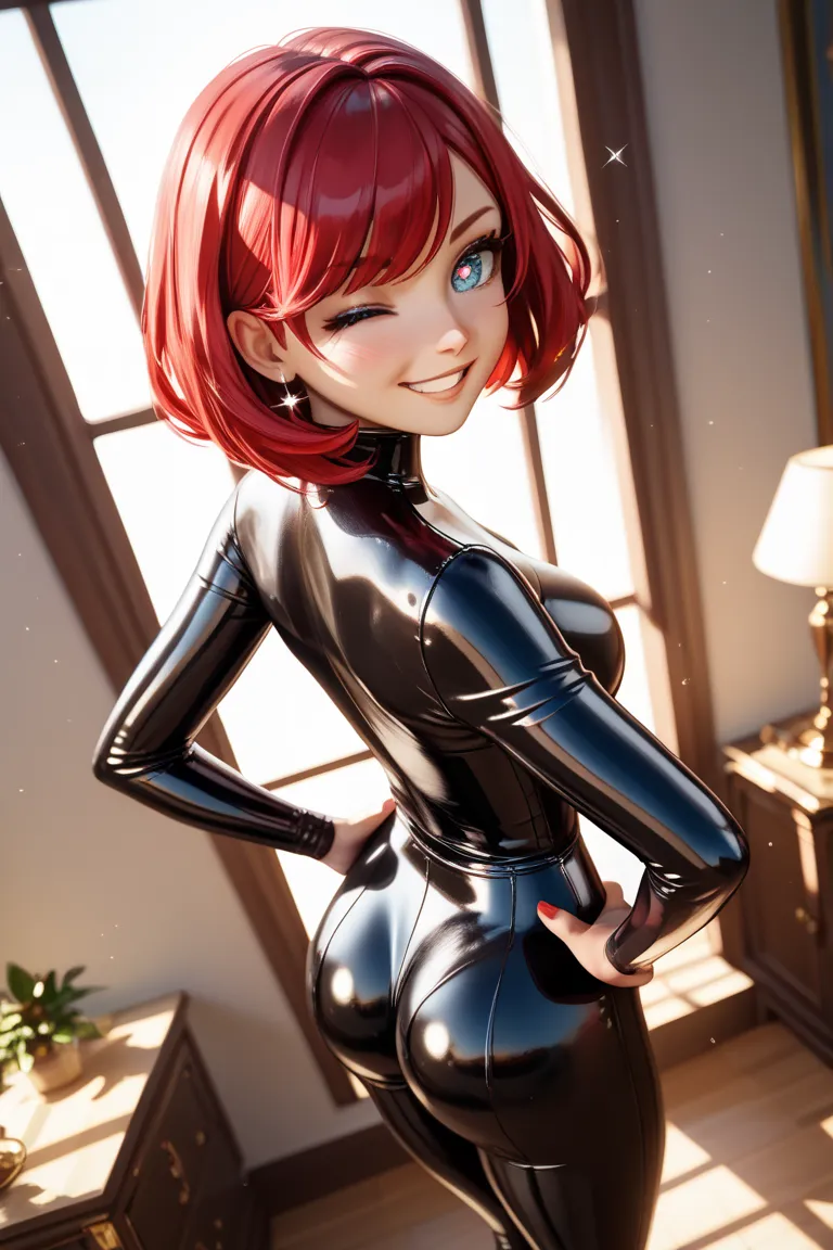  1 woman, (((((UHD))))), (((((masterpiece))))), ((((super detail)))), high details, ((((high quality)))), ((((best quality)))), (((highres))), ((((16k)))), ((Shadows)), ((bright red hair)), hair over shoulder, side swept bangs, ((full latex outfit)), ((lat...