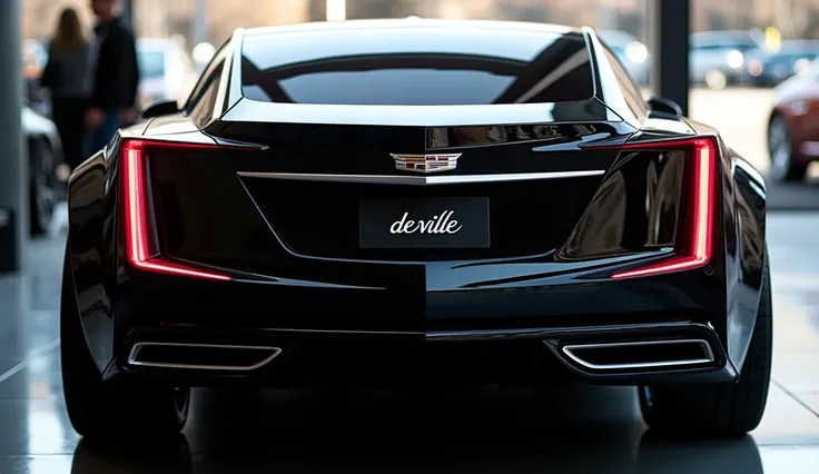 A back view of a sleek, black Cadillac DeVille 2025 model, showcasing its modern, angular taillights and streamlined design. The car is parked indoors, with reflections of the overhead lights on its glossy surface, highlighting its elegant and futuristic a...