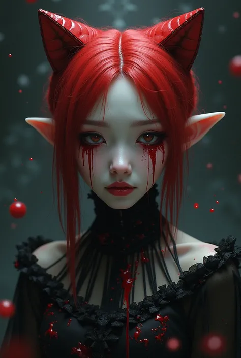 Animal empress with cherry-red square hair crying blood 