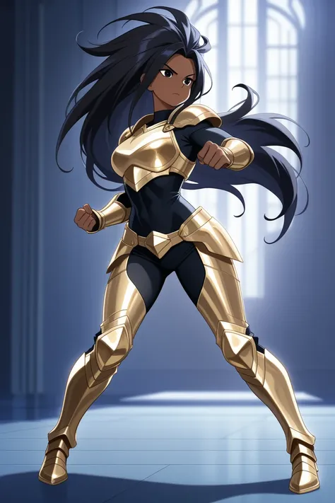 Female, anime art style, tall, beautiful dark skin, athletic lean body, wearing silver and gold paladin full body armor, armored pants, hyper detailed, hyper detailed hair, ready to fight, black hair, beautiful dark eyes, dynamic lighting and shaowing