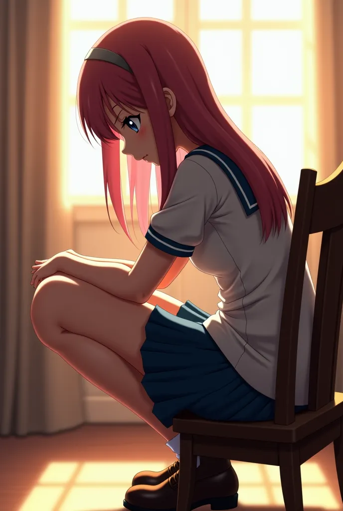 anime girl with a big ass sitting on a chair, hyperrealistic schoolgirl, a hyperrealistic schoolgirl, realistic schoolgirl, beautiful anime girl squatting, the anime girl is crouching, bending over, lit from behind, extremely close shot, cute schoolgirl, p...