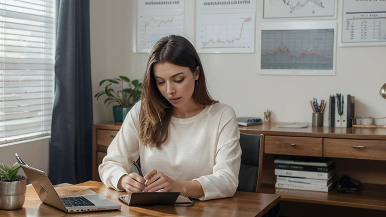 A wealthy investor in simple clothing, sitting in a bright home office, analyzing stock market charts and making investment decisions on a laptop. The scene looks professional and well-lit.

