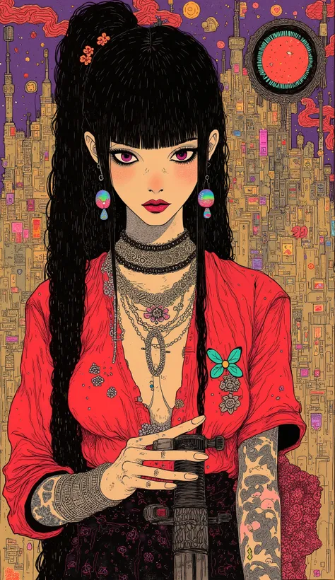 a woman with tattoos who holds a sword and wears a red blouse, she has her head tilted down looking at the spectator, red and fleshy lips , Long False Eyelashes , makeup has butterfly earrings in cyan color, silver necklaces with sparkles, has shiny sil...
