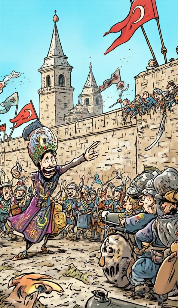 A cute and humorous cartoon-style illustration depicting the conquest of Constantinople in 1453. Sultan Mehmed II is portrayed as a cheerful cartoon character, wearing a grand robe and a large turban, pointing towards the city with excitement. Surrounding ...