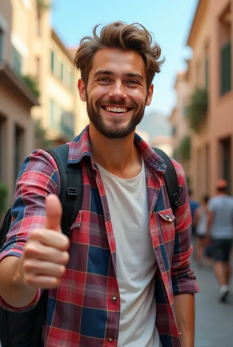 happy 30-year-old man tourist in a plaid shirt shows his thumbs up