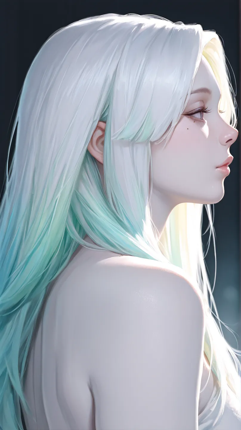  masterpiece, 最high quality, high quality, Very Aesthetic,    latest, 1 girl, Alone, longhair,  side profile ,  FRAME AURORA COLOR HAIR,  long hair,  eyelashes, plump lips ,small mole under eye, pale skin,  portrait, nose, realistic, cinematic lighting,  w...