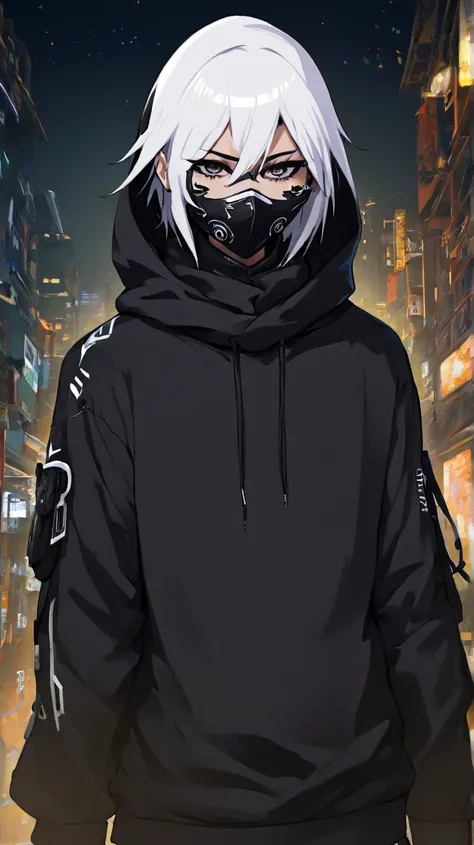 With several details and cyber tribal prints designed on the clothes , Wearing a hoodie with two eyeglass lenses sewn onto the white mask on the hoodie,  a detailed painting by Jin Homura, pixiv, shin hanga, highly detailed face,  face Ahegao , (( extreme ...