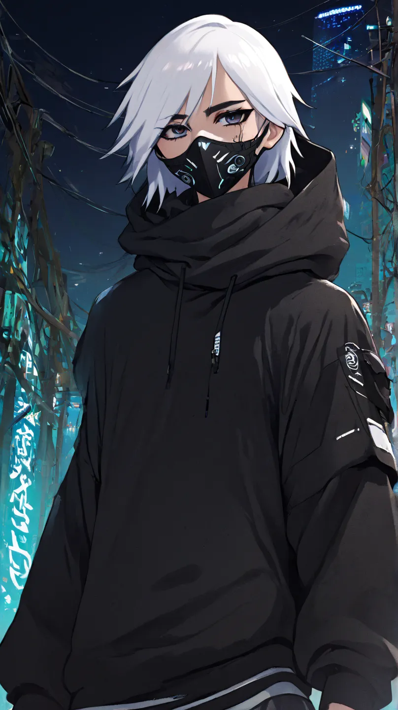 With several details and cyber tribal prints designed on the clothes , Wearing a hoodie with two eyeglass lenses sewn onto the white mask on the hoodie,  a detailed painting by Jin Homura, pixiv, shin hanga, highly detailed face,  face Ahegao , (( extreme ...