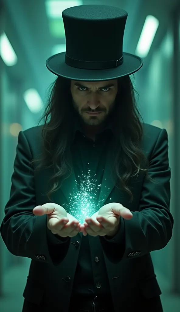 there is a hacker man like Neo from the movie Matrix and he is wearing a top hat,  his hair goes up to his shoulder, Showing a method of a magic trick 
