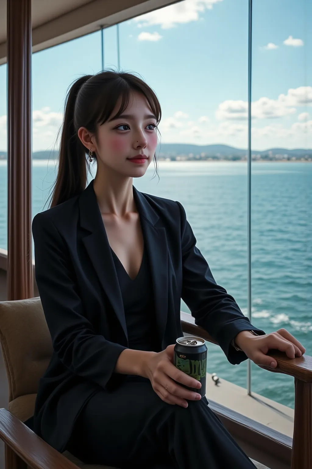 She is wearing a tight black suit with earrings and a wristwatch. I'm sitting on an observation deck chair with a view of the sea. holding a beer can in one hand with a bright smile.