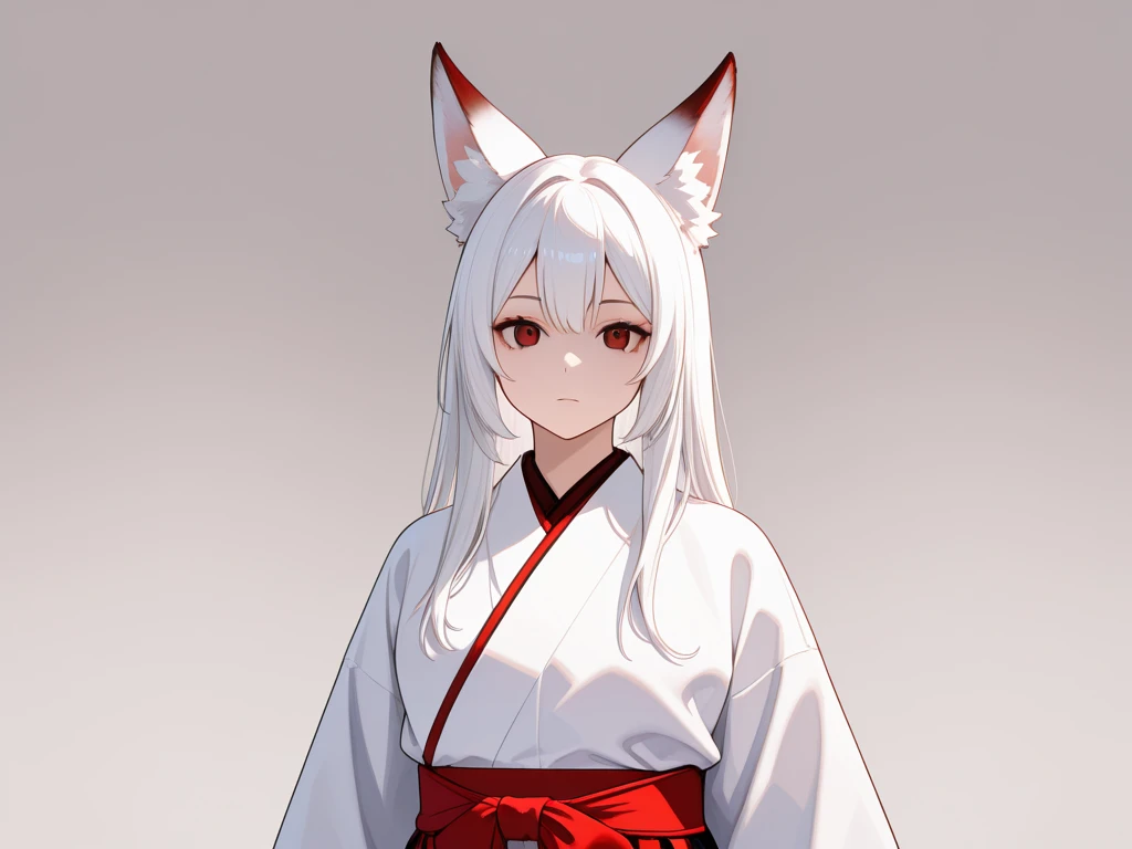 Male, solo, grown up, white hair, straight hair, short hair, dark red eyes, fox ear, wearing hakama, masculine, looking at viewer, expressionless, upper body, white empty background