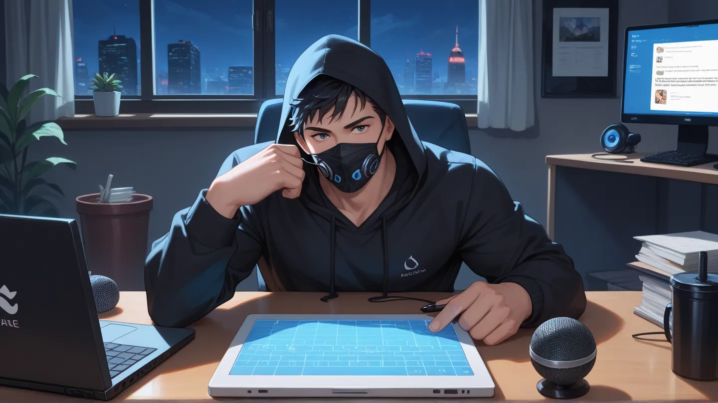 Create an anime-friendly looking male business character who appears handsome and smart. He has a good face and is wearing a black face mask and a black hoodie. The character is sitting behind his laptop in his office, with his arms on the desk. It is nigh...