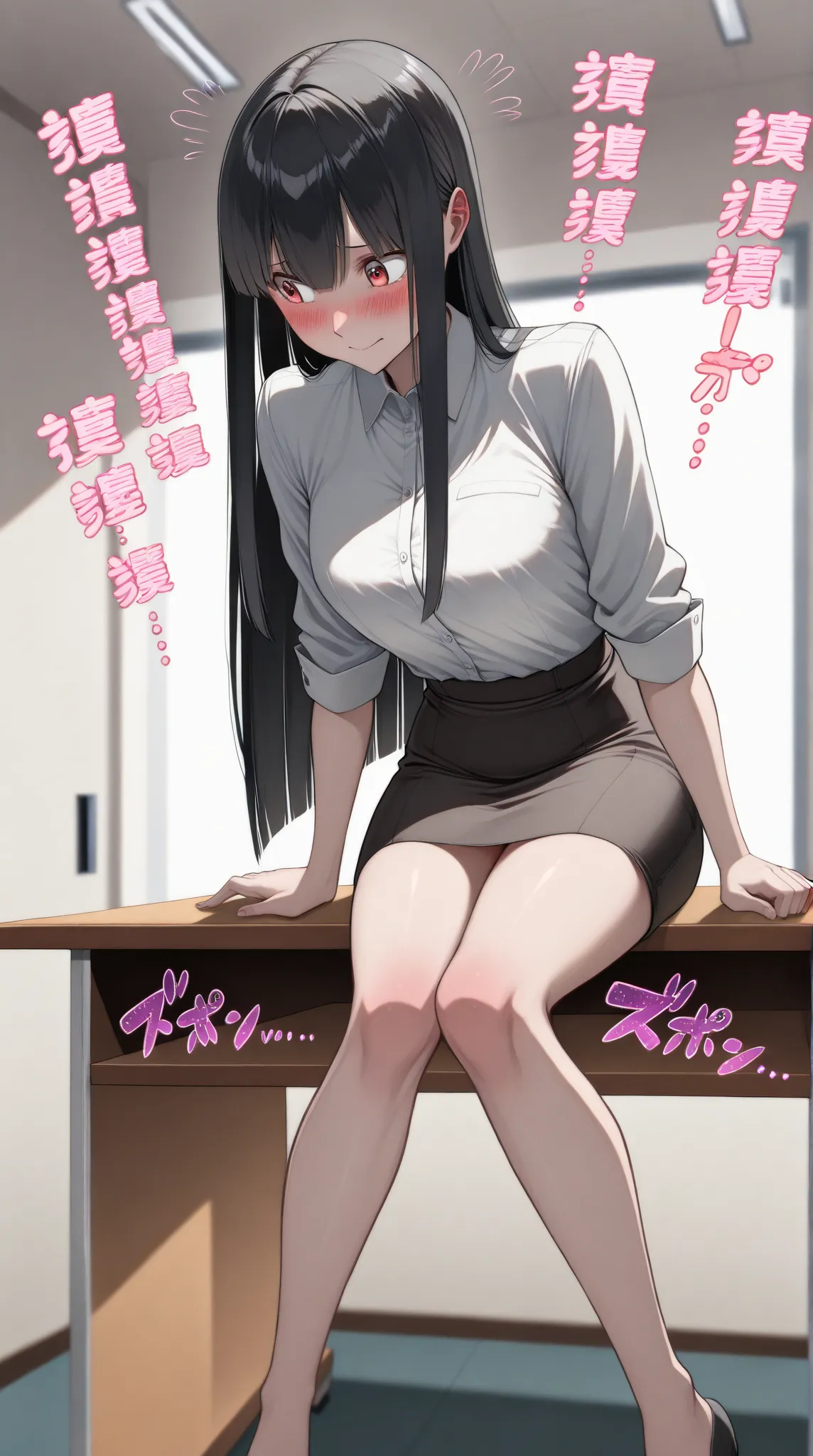 anime - style illustration of a woman in a white dress shirt and  black pencil skirt, anime character, official character art, full body, female anime girl, (reddish black long straight hair:1.5), in the office room, (sitting on the desk:1.5), looking at a...