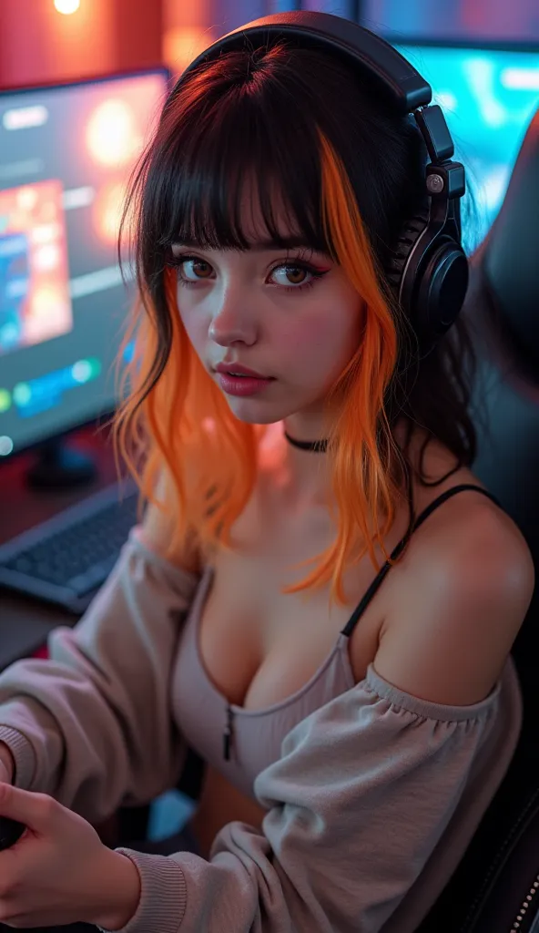 Real Life, Realistic, Photography of a cute women, she looks like in her twenties, european with japanese traits, she has two separate and distinctive hair colors, orange on her right side and black for the left side, her hairstyle, she is sitting on a gam...