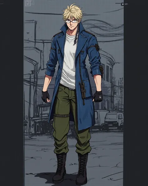 anime style,SPY,Tall menacing man, fair skin,  voluminous and frizzy hair ,small beard threads, half-open eyes , Small glasses, long military leather jacket in blue with black lines,  white sweater, Military fingerless glove holster, dark green military pa...