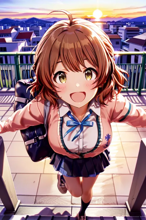 TOP QUALITY, masterpiece, high definition, Alone, Hanami Yume _Gakuen Idolmaster, Medium Short Hair, orange-brown hair, brown eyes,  height 158 cm, 1 girl,  high school uniform,  ecstatic expression, larger breasts, school bag, first-person perspective, Hi...