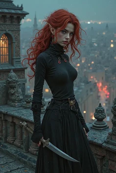 female elf with voluminous curly hair red hoop earrings, thief, with a dagger in her hand on a roof at night, dark fantasy, rpg