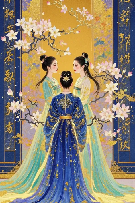 Painting of three women in traditional Chinese costumes standing in front of a building, Oriental Scene, Chinese Fantasy, Wearing a Chinese costume , Inspired by Yang Buzhi,  Ancient Chinese art style ,  dreamy China ,  Chinese Style Painting , author：Li S...