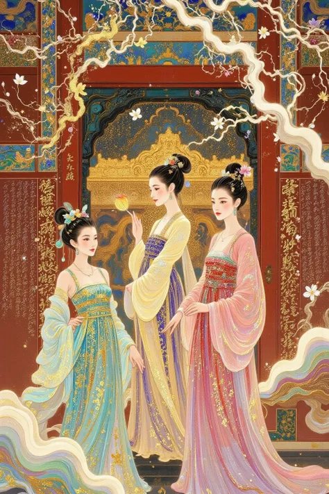 The painting ，Depicts three women in traditional Chinese costumes standing in front of a building, 这是一幅详细The painting ，Inspired by Yang Buzhi,  is popular in the CG society , Cloisonnism, Oriental Scene, Chinese Fantasy, Wearing a Chinese costume ,  Ancien...