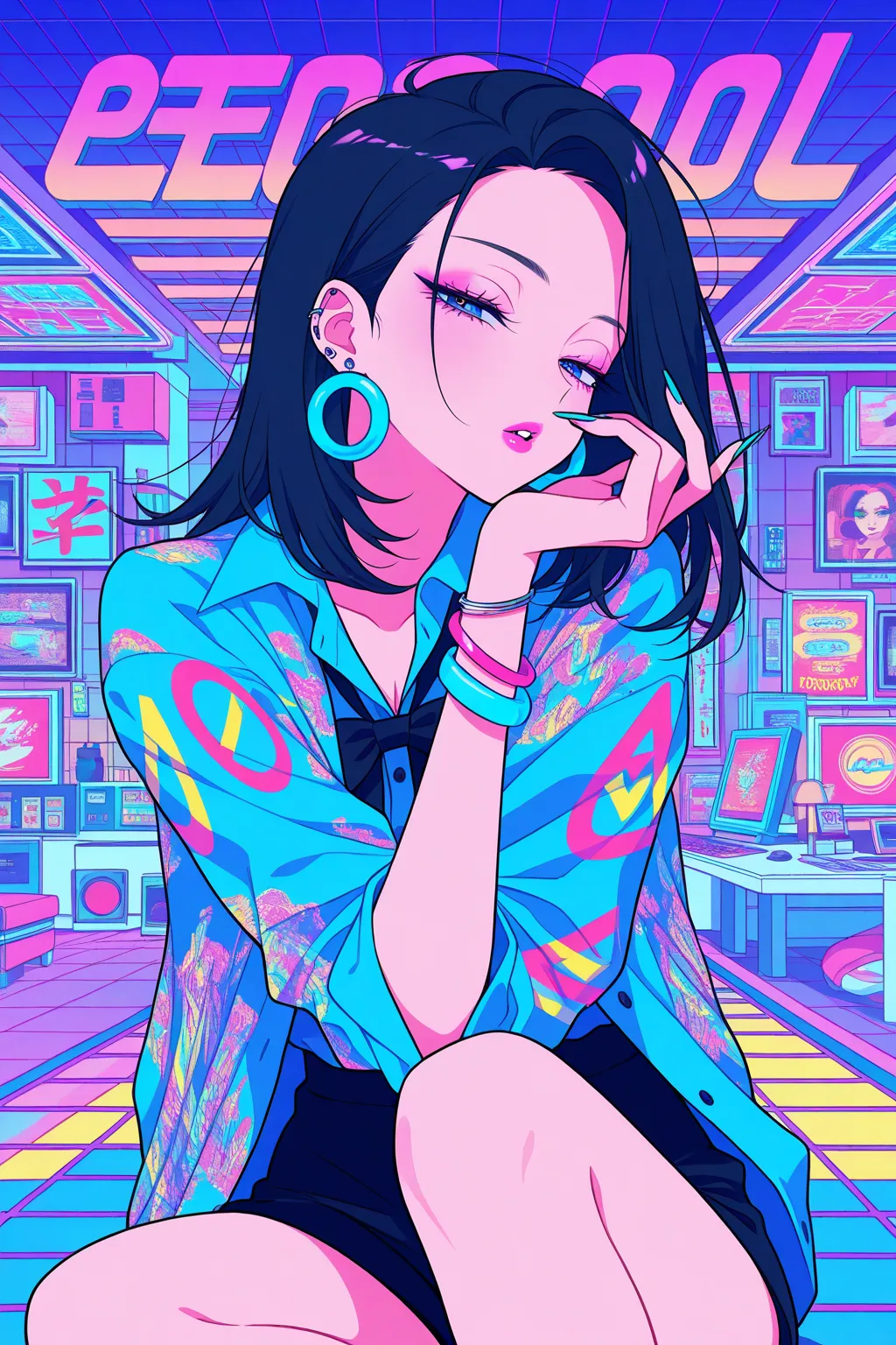 flat color, gyaru, cool beauty, solo woman, black hair, slender body, half-closed eyes, rest, Japanese exotic fashion, neon motif room, geometric poster, Vaporwave,