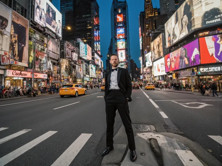 A man dressed in a tuxedo in the streets of Manhattan Times Square tilt up shot full body shot showing many buildings behind the man