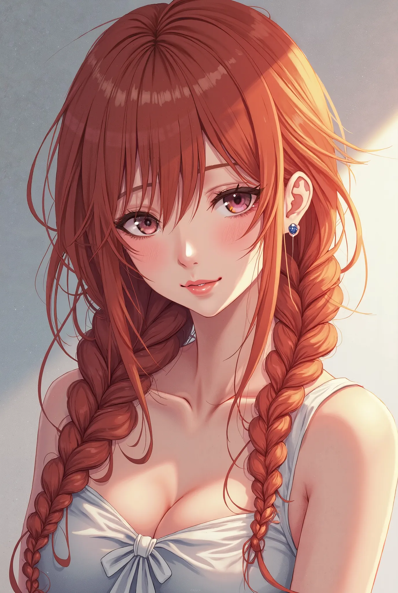 Anime drawing of a beautiful,  gorgeous , sexy woman with reddish braided hair