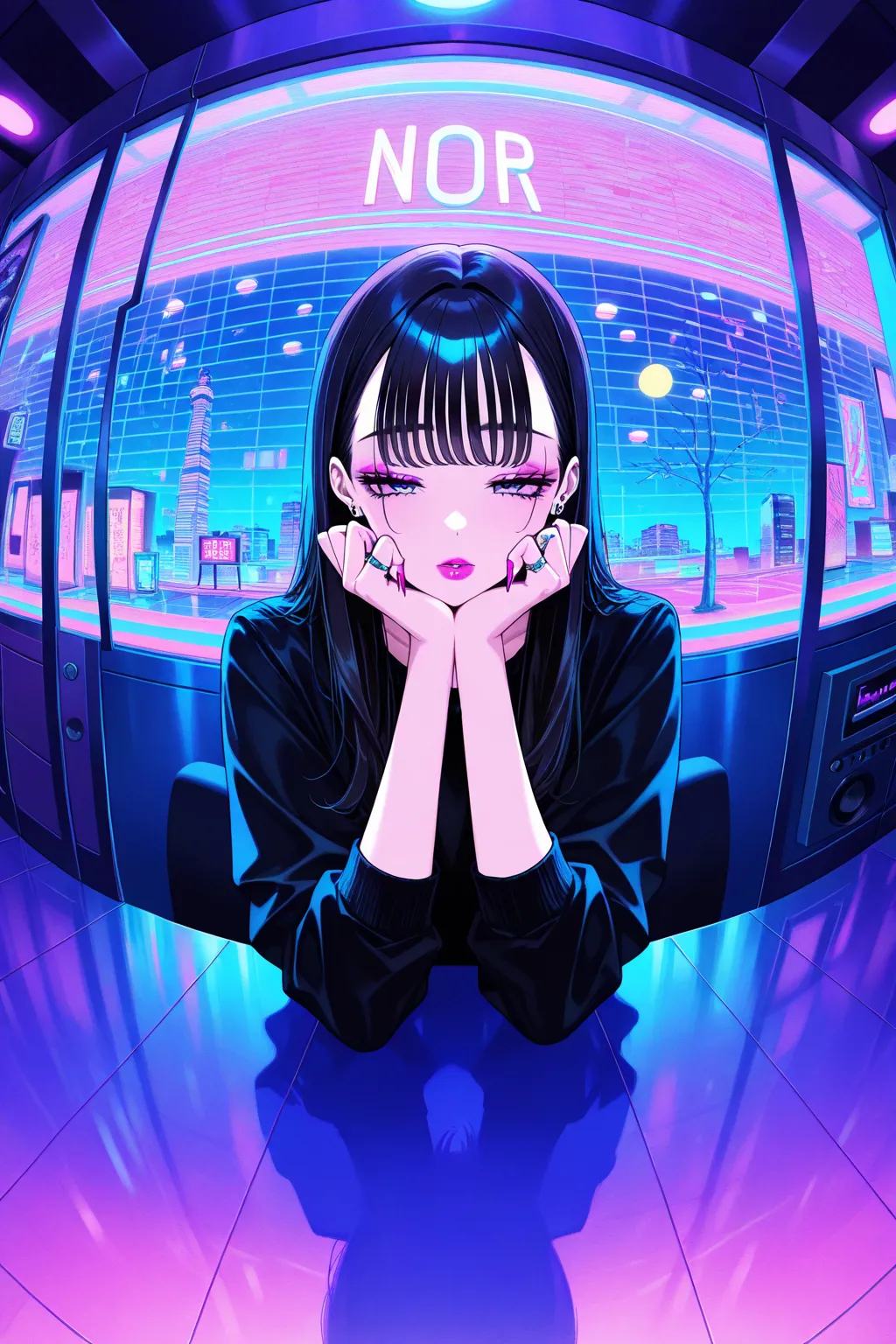 flat color, gyaru, cool beauty, solo woman, black hair, slender body, half-closed eyes, rest, Japanese exotic fashion, neon motif room, geometric poster, Vaporwave, fisheye,