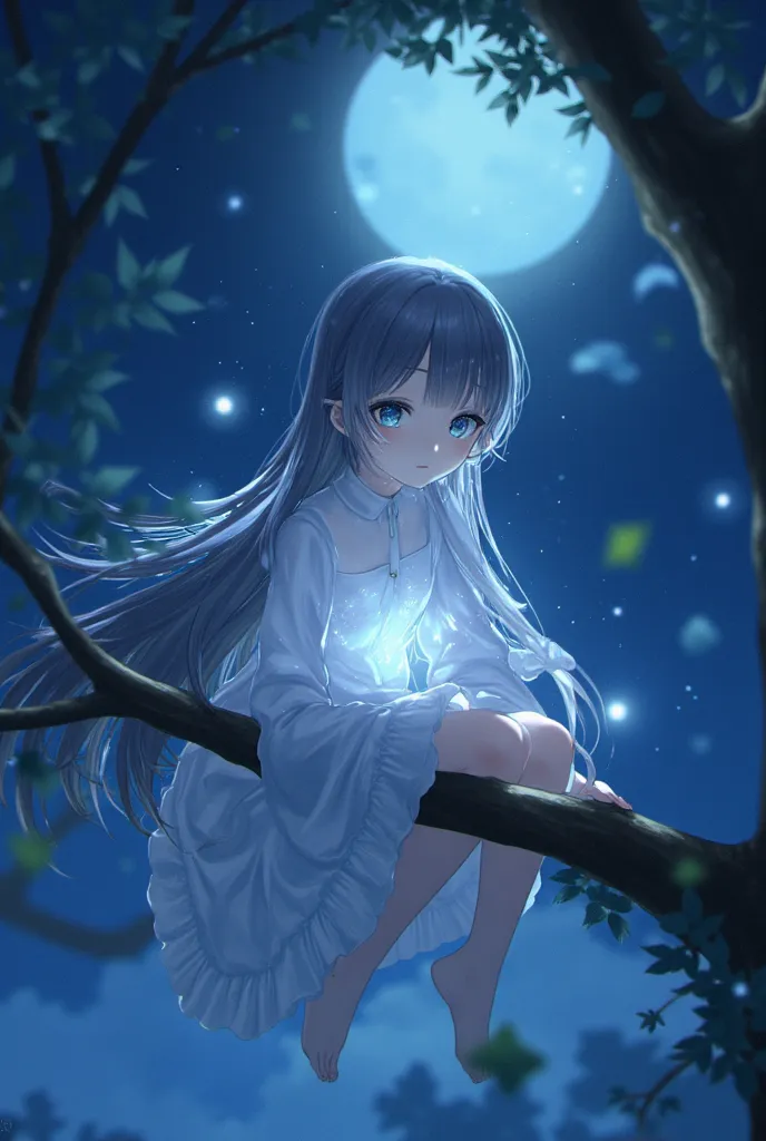 Soft anime, beautiful girl,, long hair, floating hair, glowing hair, 
 night scene,moon in the sky,,starry night,dreamlike atmosphere,glowing edges,mystical,high contrast,ethereal light,sitting on a tree branch,light particles,