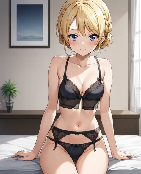 darjeeling \(girls and tanks\), (Alone), (one girl), blue eyes, blonde hair, short hair, braid, (cowboy shot),  small breasts, cleavage, ( sexy black lingerie), (shy:1.1), (blush), (smile), (I'm fascinated:1.1), (sitting on the bed), (bedroom),  score_9,  ...