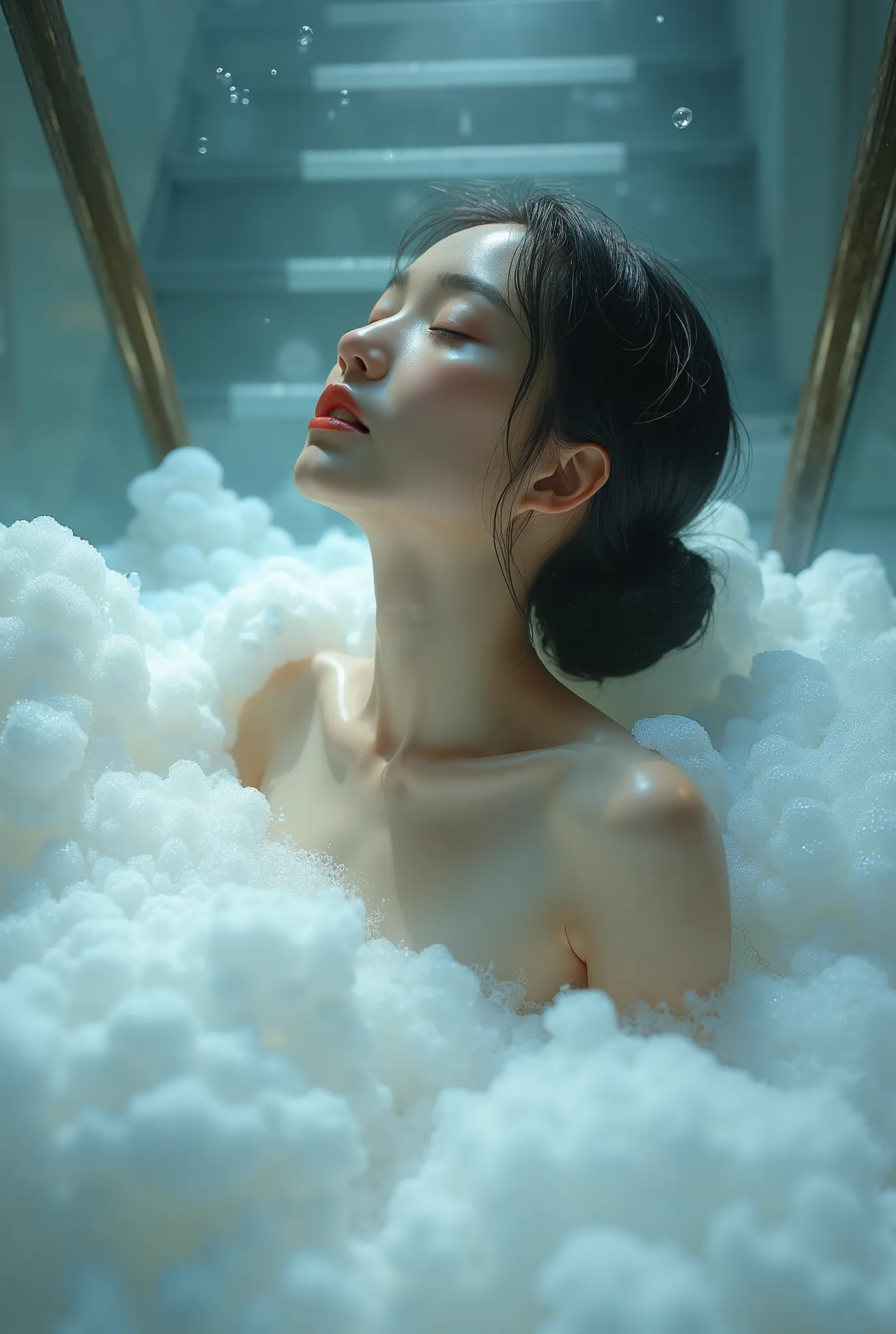 masterpiece, 8k,  photorealistic, a beautiful Japanese woman covered in a large amount of foam foam, orgasm, she is in the glass enclosure