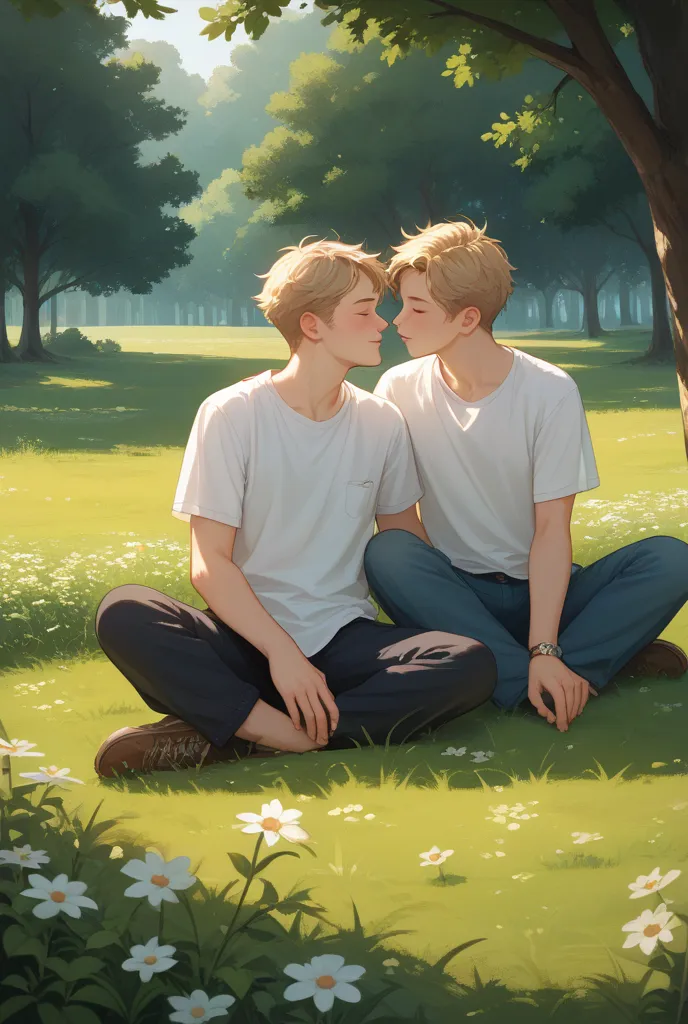 romantic scene of two young men sitting on the grass in a picturesque rural setting. One of them gently touches the other's face as they lean in closely, about to kiss. They are dressed in light, casual summer clothing, with loose white shirts. The warm su...