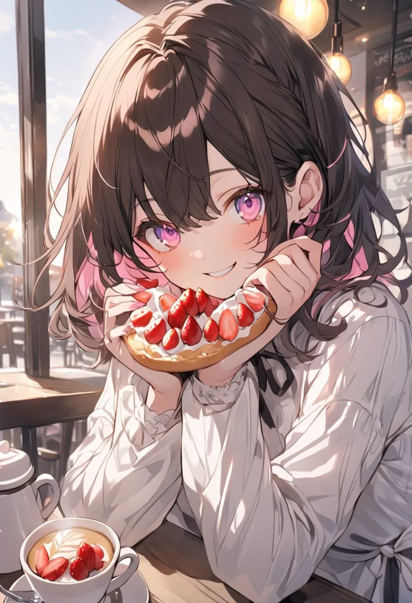  handsome,  alone,  female 1 person, medium hair, Dark brown hair, pink highlight on the tip,  light pink eyes，smile，morning，Cafe，white dress，black ribbon to open your eyes， Long Sleeve,Eat 1 strawberry