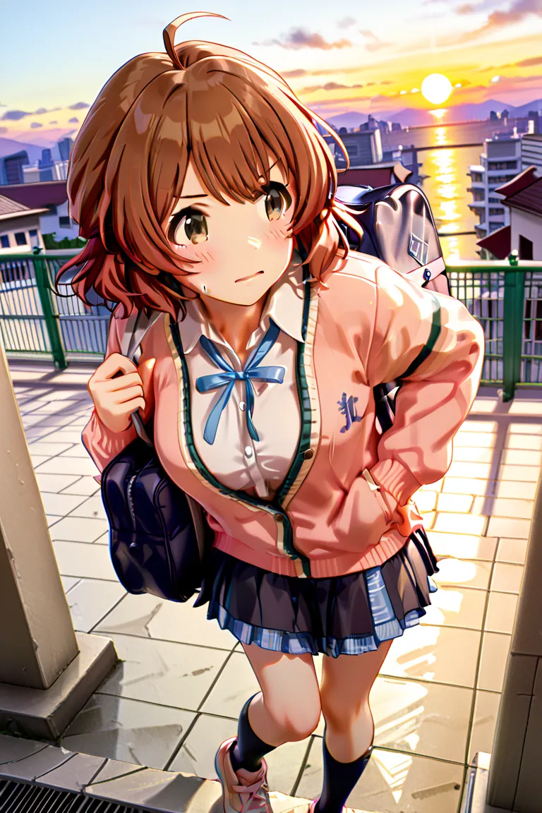 TOP QUALITY, masterpiece, high definition, Alone, Hanami Yume _Gakuen Idolmaster, Medium Short Hair, orange-brown hair, brown eyes,  height 158 cm, 1 girl,  high school uniform,  zitoida, larger breasts, school bag, first-person perspective, High school ro...