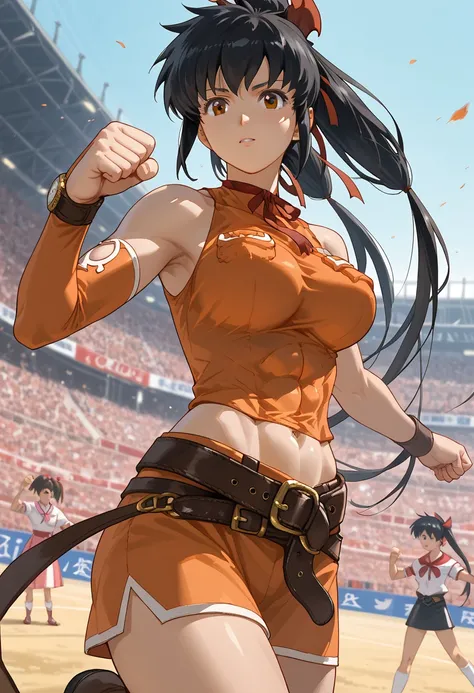  abs、 Six Pack、belly button sticking、Show your belly、Big Breasts、chestの谷間、chest元を開く、 spits blood、 score_9, score_8_up, score_7_up, Lisa_pacifist,   black hair, 1 girl, Alone, ponytail, twin tails,  long hair, chest,   black hair, brown eyes,  while tasting...