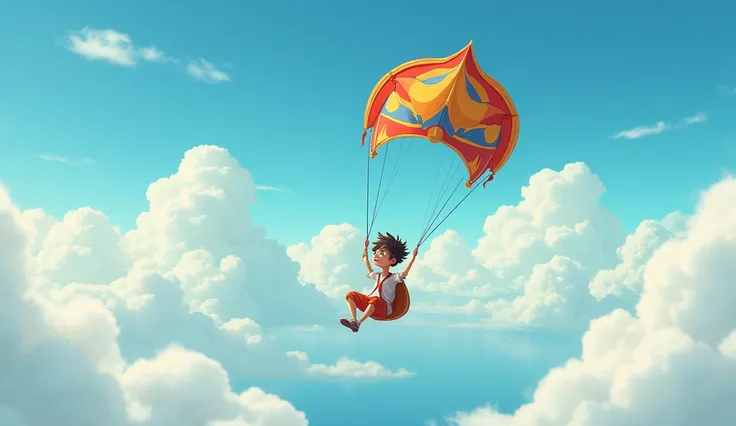 A  sitting on a big colourful kite souring in the vast blue sky above the clouds