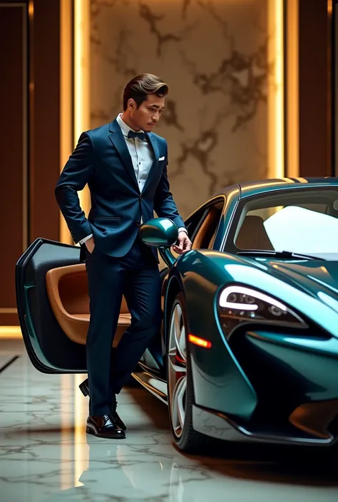 Create one photos with one guy entering luxurious sport car.