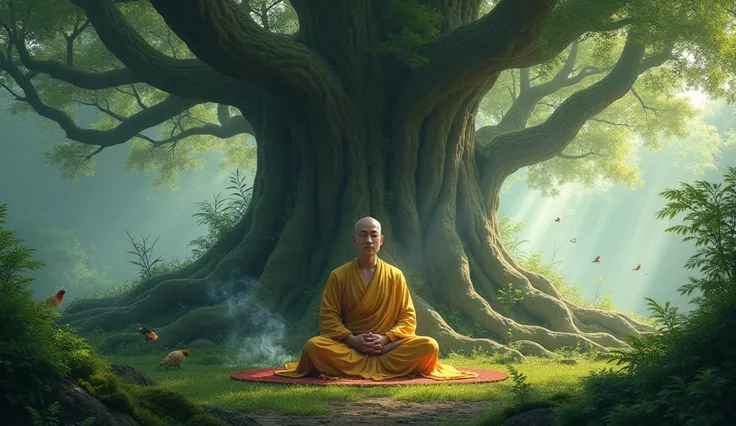 a buddhist monk takes meditation under the tree of the deep forest  