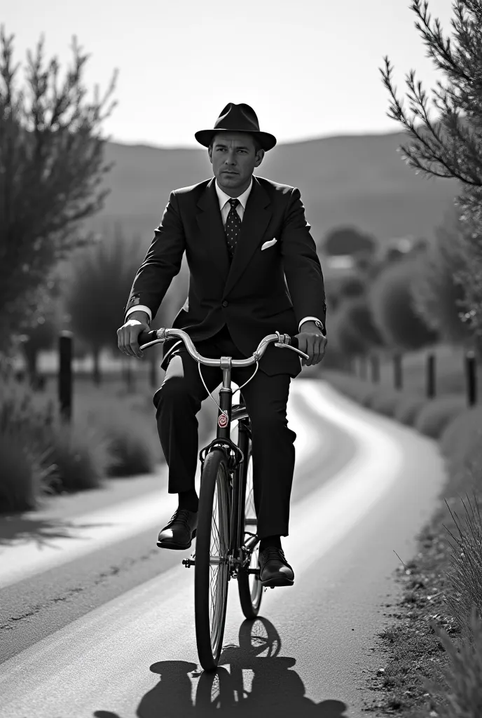 Man riding a bicycle in the 1940s going to the Algarve in black and white 