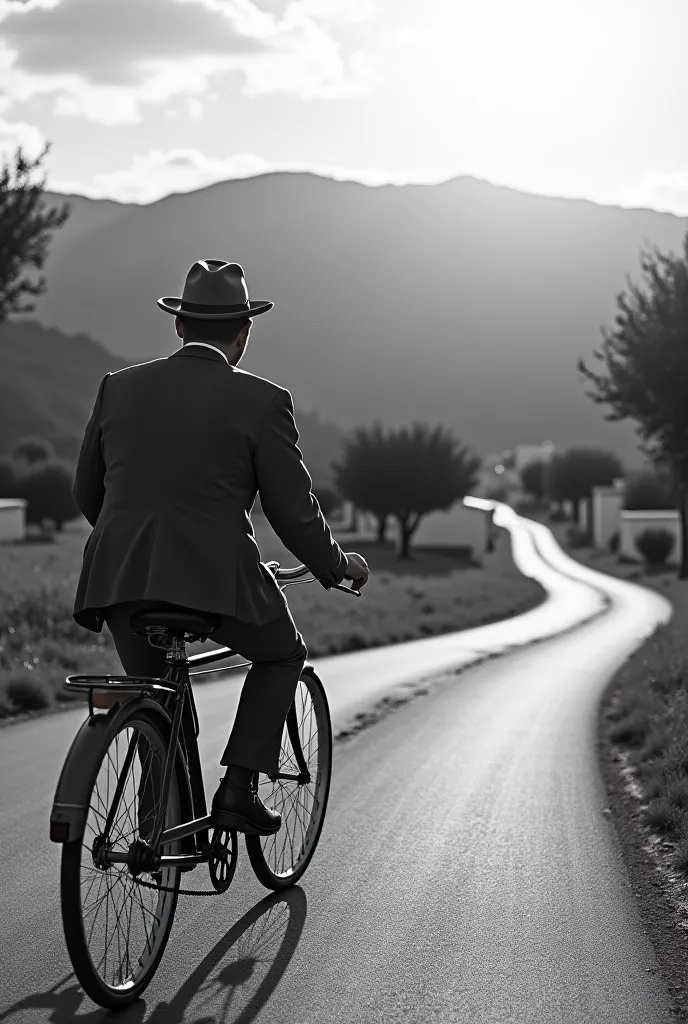 Man riding a bicycle in the 1940s going to the Algarve in black and white 