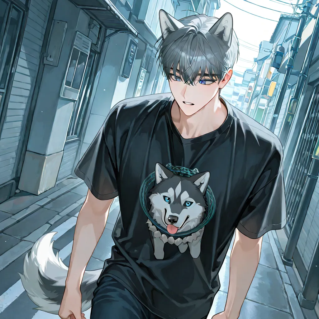 4k , 8k , (only 1 male as a dog man short comma dark grey hair with blue eyes) , short hair style , (He had dog man ears and a tail Same color as hair color) , (siberian husky ears and tail) , novel , manhwa , handsome man , very details , hair details , v...