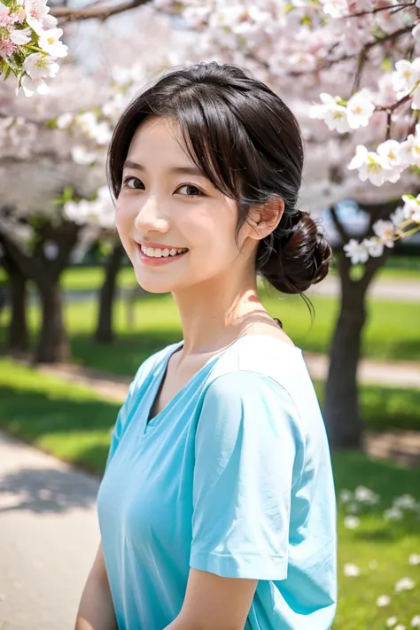 「A 35 year old cute Japanese woman。has dark hair up to her shoulders blowing in the wind、has a bright smile。She has small breasts、She is casually wearing a white t-shirt and light blue denim。At the spring park、She sits under cherry blossoms in full bloom、i...